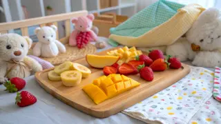 Kolorowe owoce: truskawki, banany i mango, idealne jako pierwsze owoce dla niemowlaka.