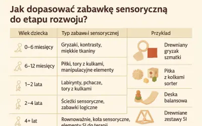 Tabela z propozycjami zabaw sensorycznych dla dzieci w różnym wieku: od gryzaków dla niemowląt po zestawy SI dla starszaków.
