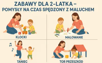 Pomysły na zabawy dla dwulatka w domu: budowanie z klocków, malowanie, taniec i tor przeszkód.