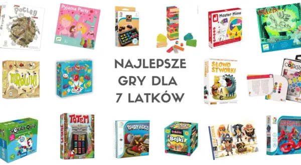 Kreatywne gry dla 7 latki: "Pociąg", "Pyjama Party", "Mrówki", "Top Sent", "Sówka Quiz", "Totem", "Busy Bugs", "Bajki", "Master Mime", "Słowo Stworki", "Crazix", "Coggy", "Trezors", "Temple Connection".